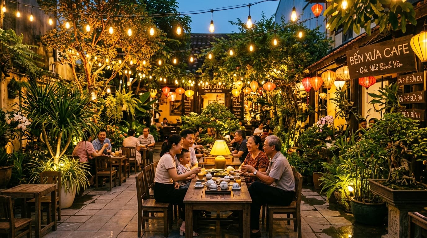Ánh đèn vàng ấm cúng len lỏi giữa tán cây lúc chiều tối