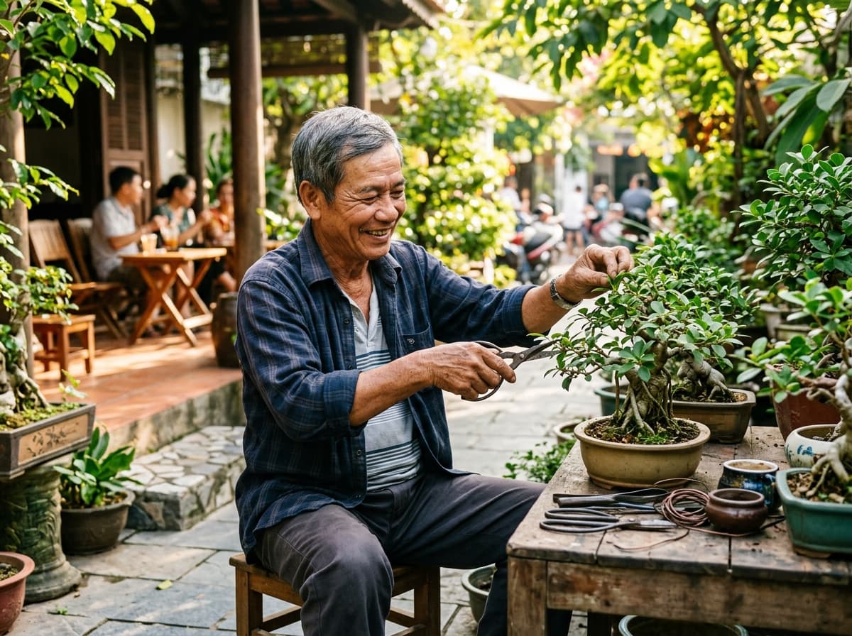 Ba tỉa cây và chăm chút từng chậu bonsai trong sân nhà